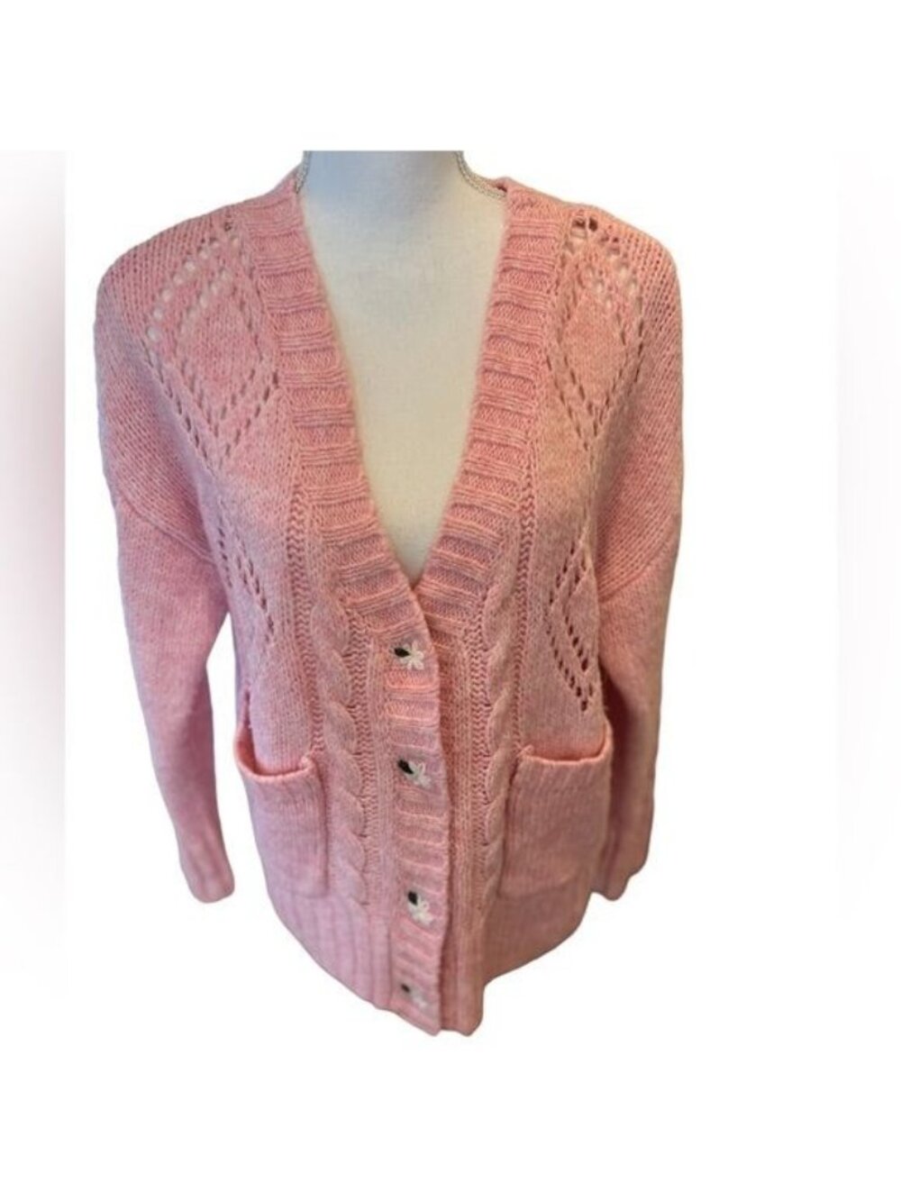 Cliche cardigan sweater size large pink with flowers embroidered over buttons